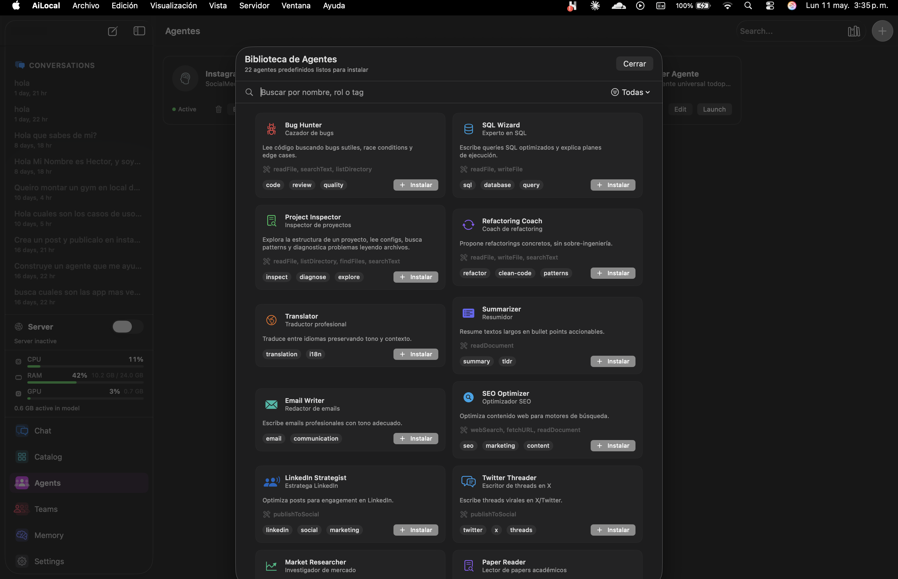 AiLocally agents library modal with 22 predefined agents