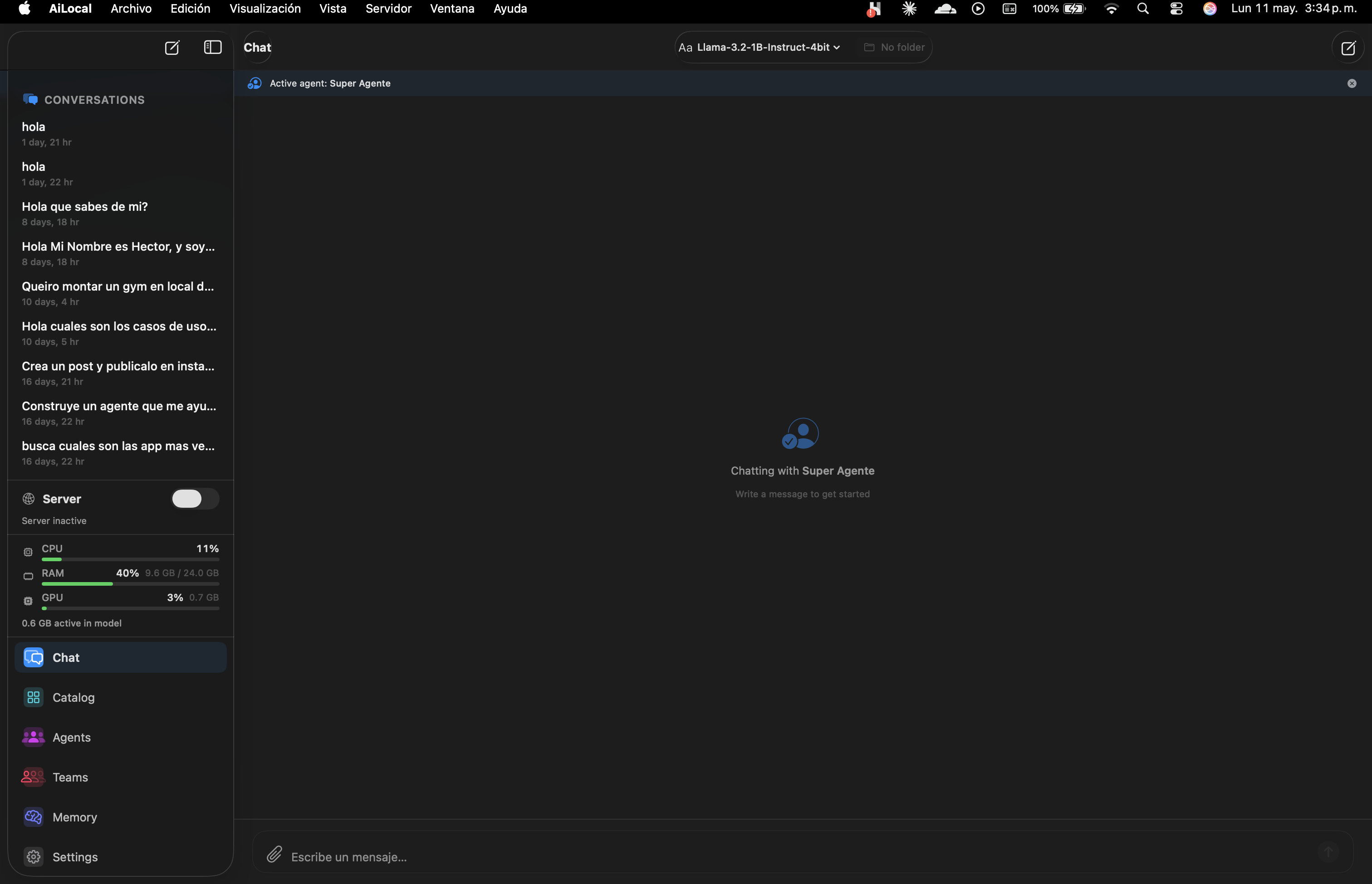 AiLocally main chat view with sidebar, active agent, and live system stats