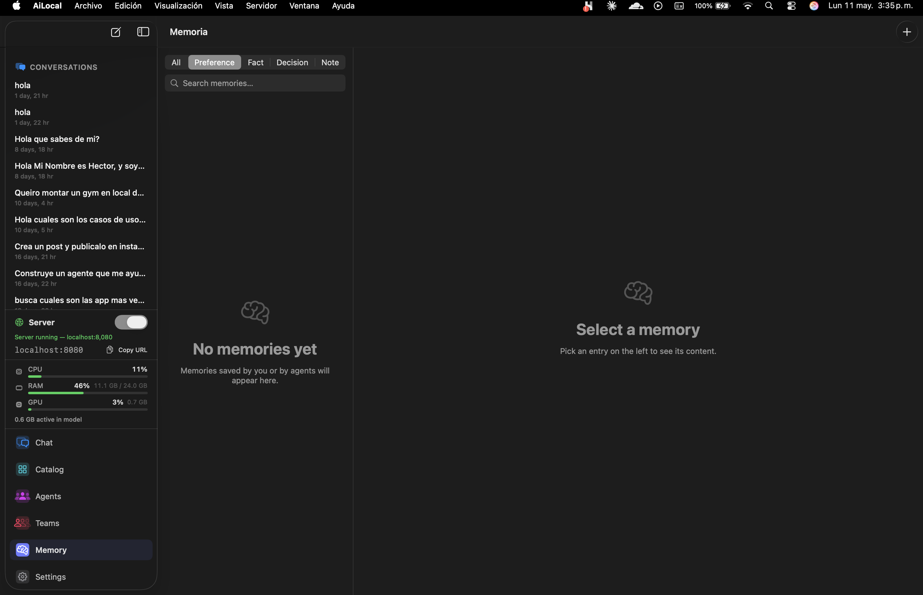 AiLocally memory tab with Preference / Fact / Decision / Note filters