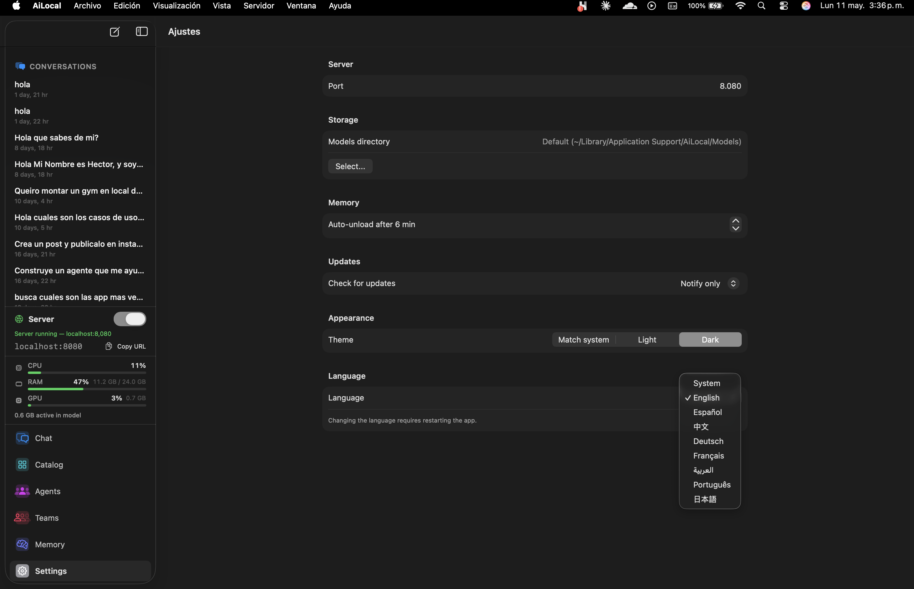 AiLocally settings showing server toggle on port 8080 with theme and language options