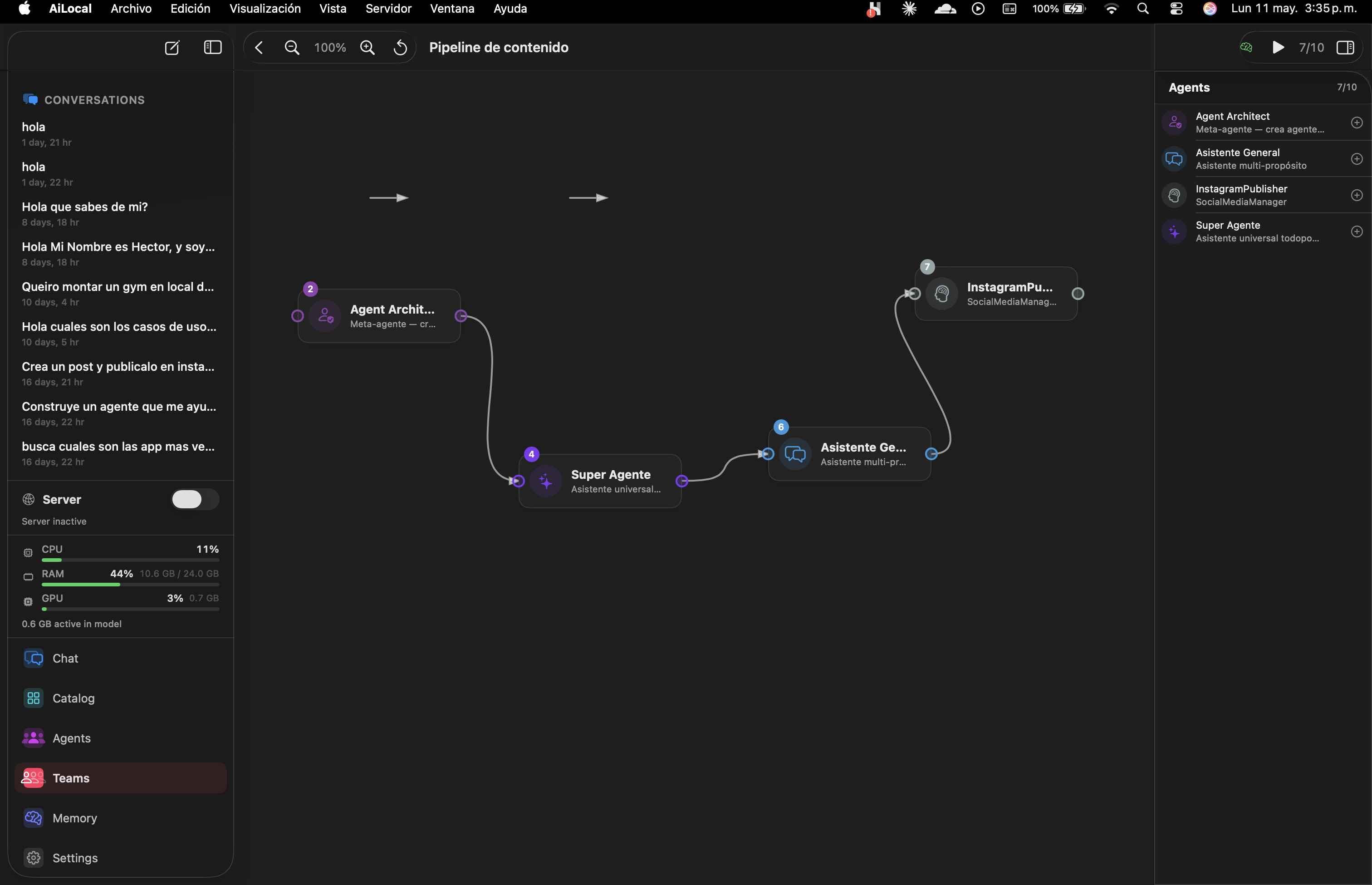 AiLocally Teams canvas with connected agents forming a content pipeline
